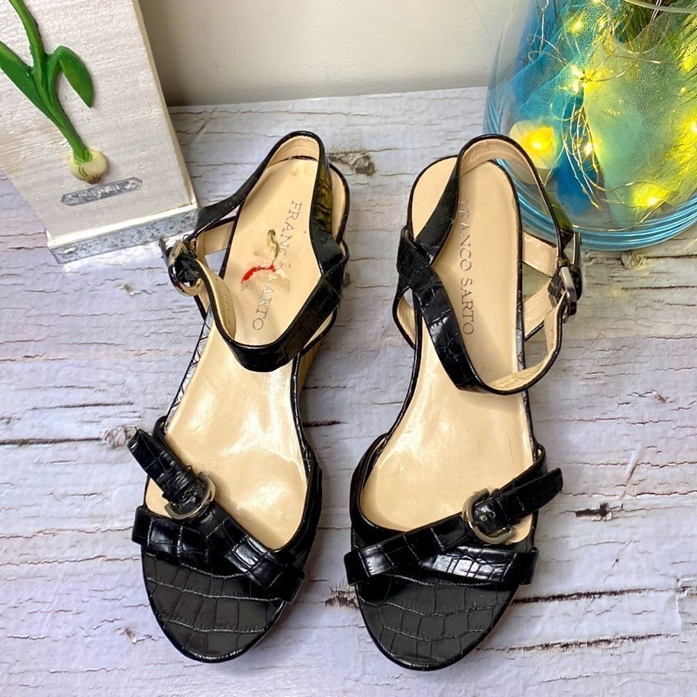 🌷 Franco Sarto🌷Black Snakeskin Corkscrew Platform Wedge Sandals NWOT 8.5M - Picture 4 of 10